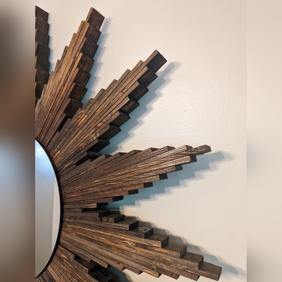 34" Extra Large STAINED WOODEN Sunburst Mirror Home Wall Decor Starburst Rustic - Picture 3 of 7